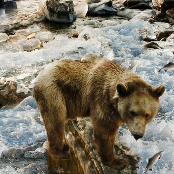 Bear Fishing Ocean Sky Landscape Fantasy Composite Oil Painting Wall Art Print - Picture 4 of 8